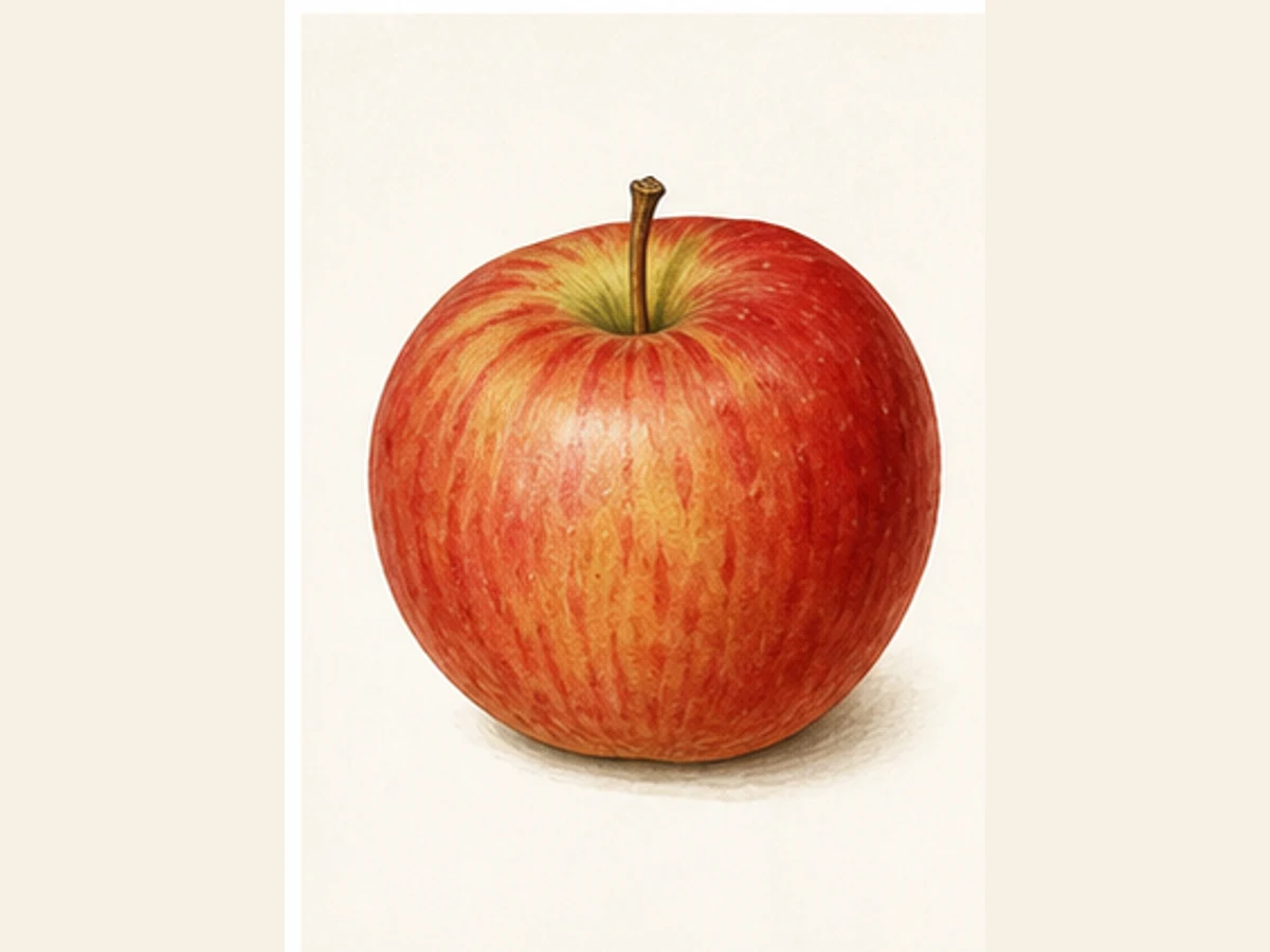 Ilustração editorial representativa de macieira para a ficha de Malápio; não autentica o material, uma planta, fruto, clone ou lote