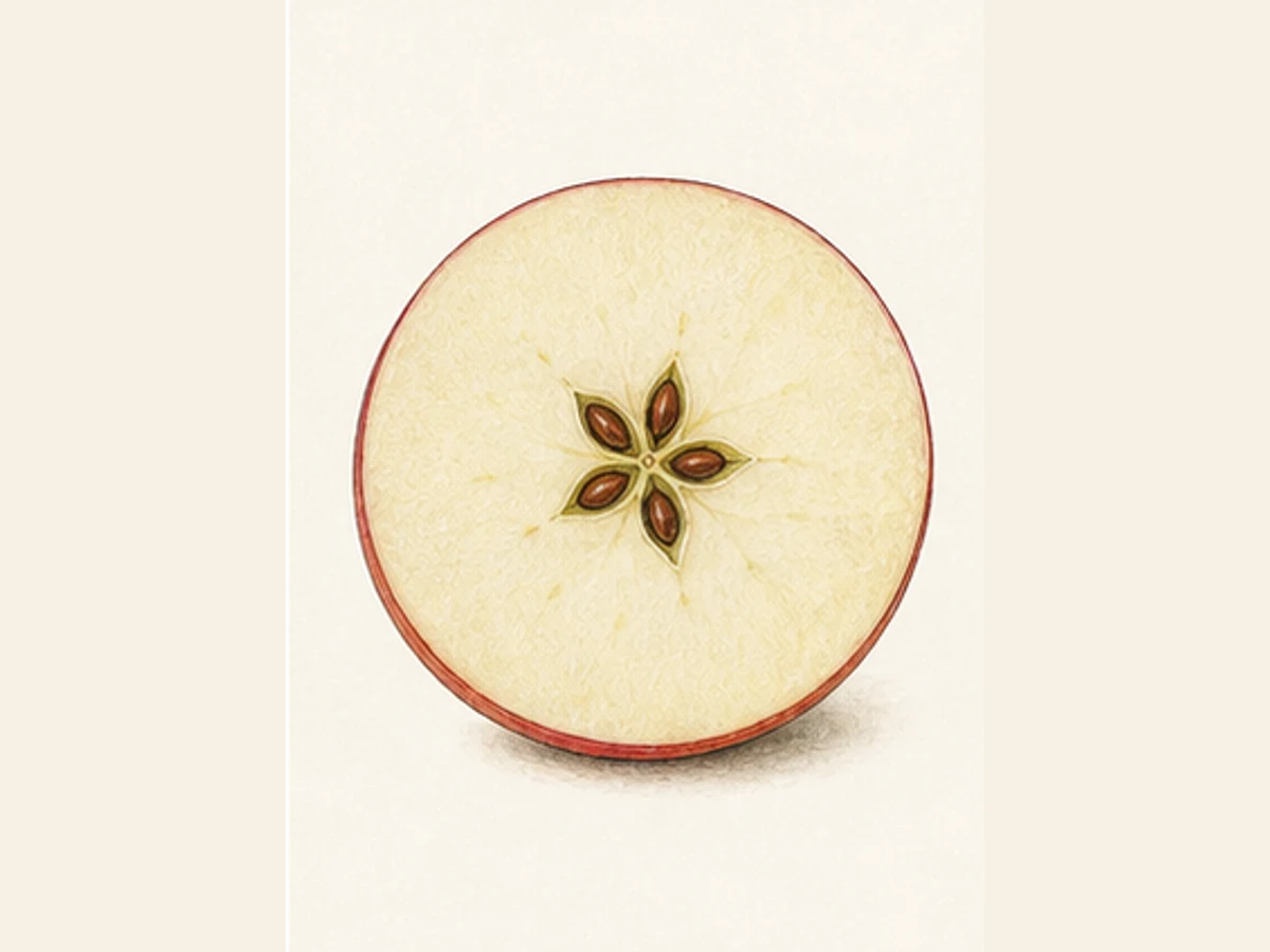 Ilustração editorial representativa de macieira para a ficha de Pardo Lindo Ácido; não autentica o material, uma planta, fruto, clone ou lote