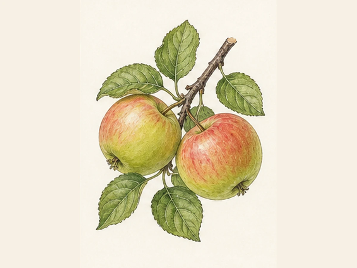 Ilustração editorial representativa de macieira para a ficha de Pardo Lindo Doce; não autentica o material, uma planta, fruto, clone ou lote