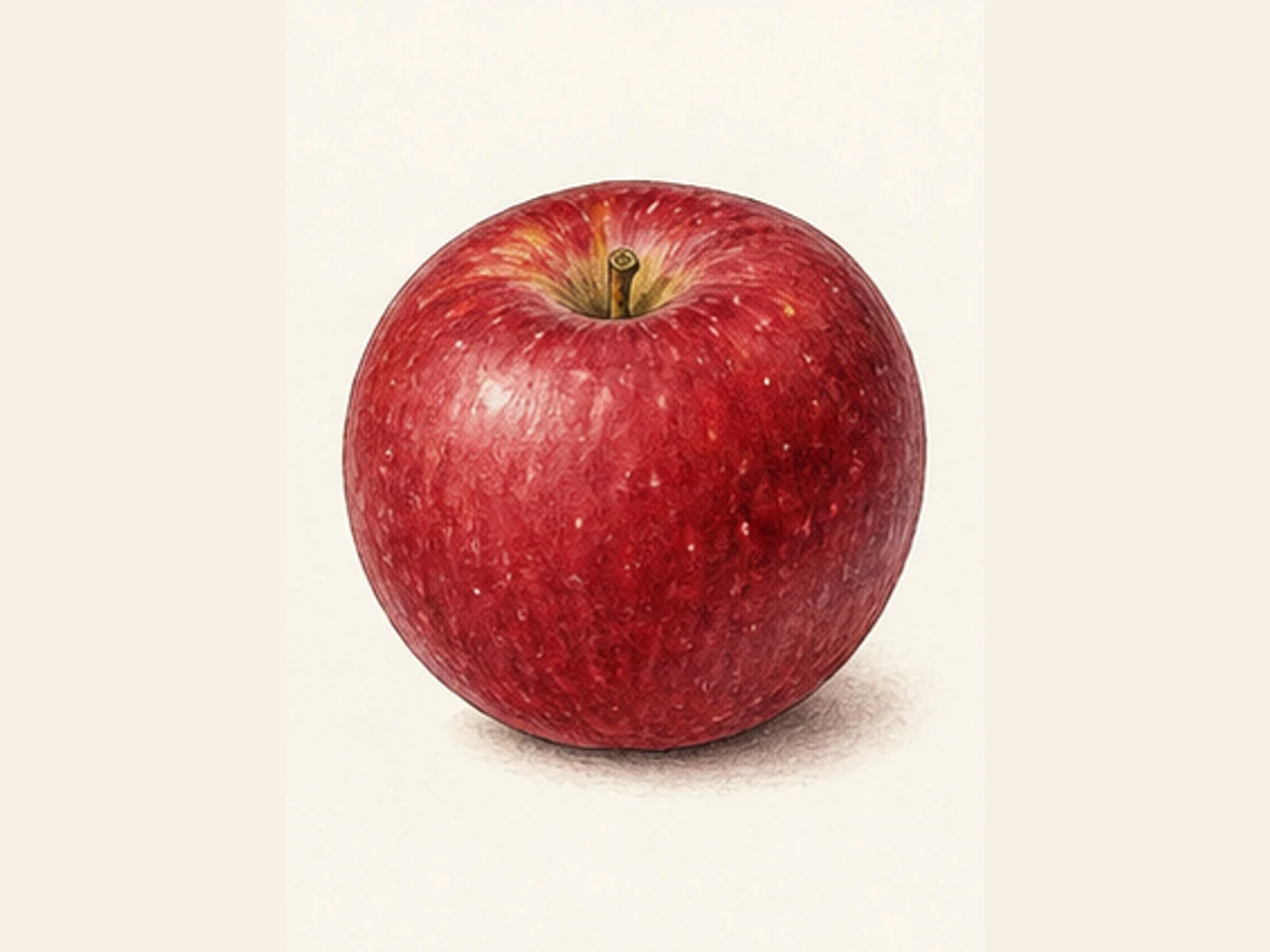 Ilustração editorial representativa de macieira para a ficha de Pé Curto; não autentica o material, uma planta, fruto, clone ou lote