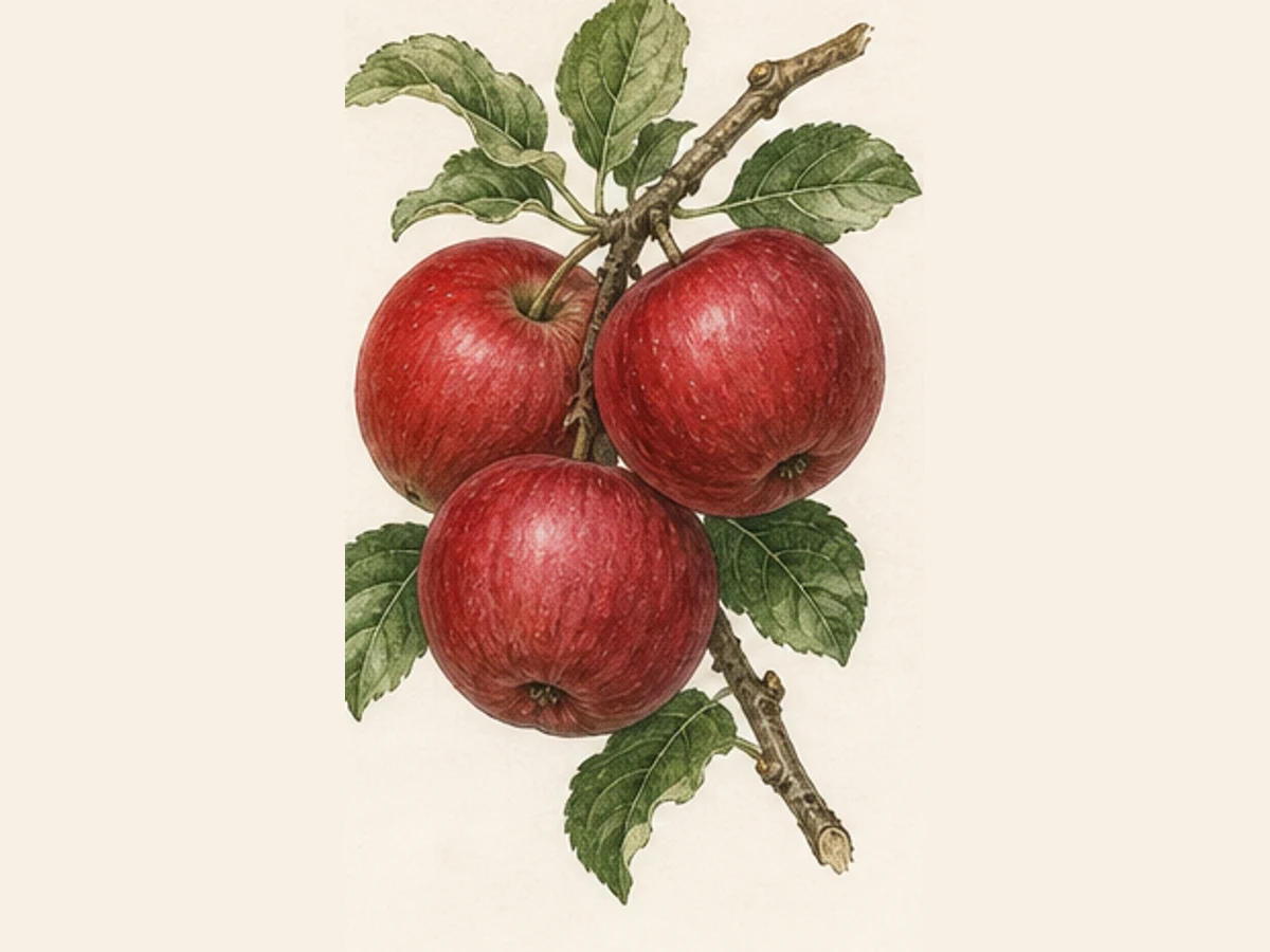 Ilustração editorial representativa de macieira para a ficha de Pedra; não autentica o material, uma planta, fruto, clone ou lote