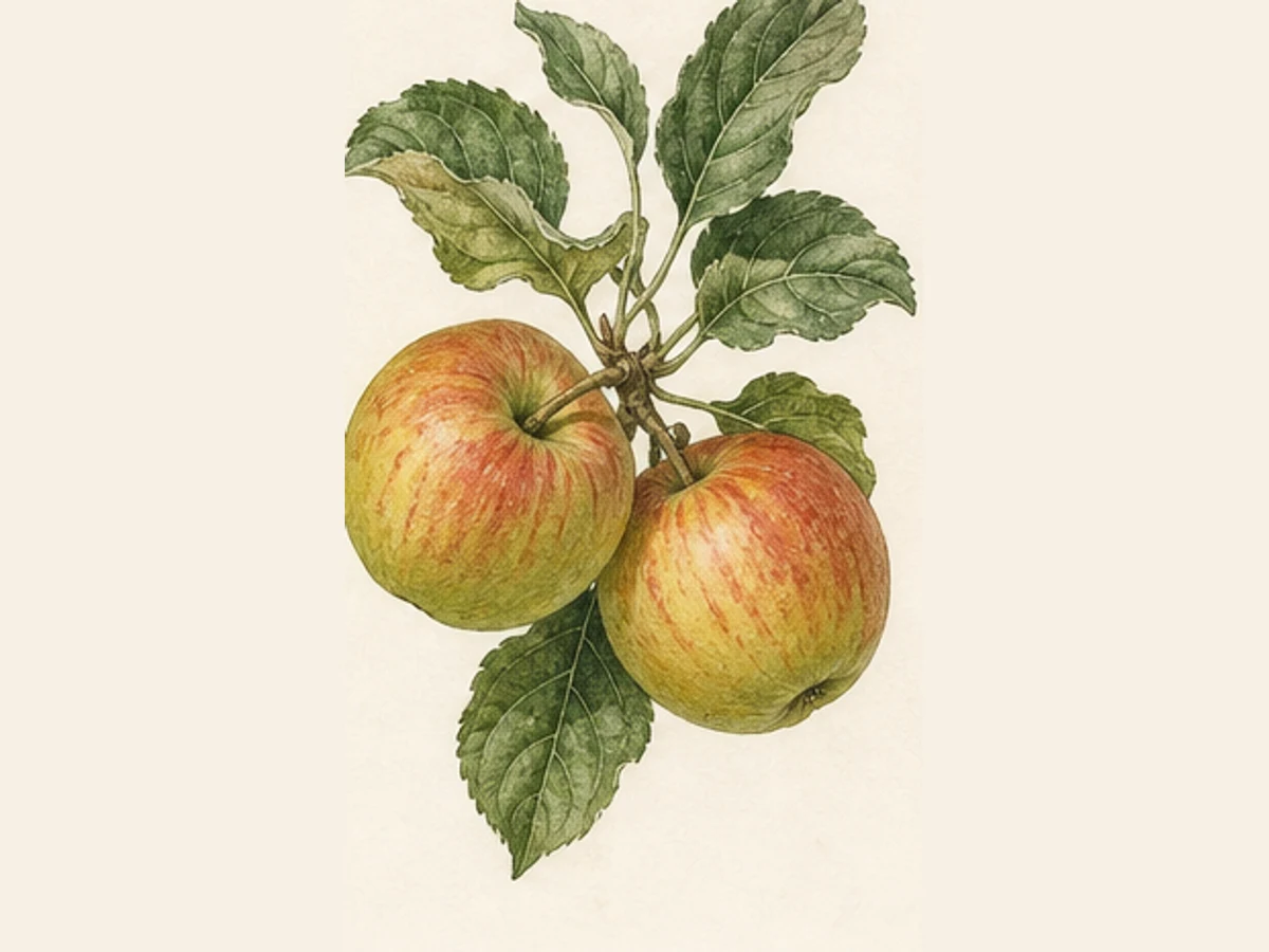 Ilustração editorial representativa de macieira para a ficha de Peixoto; não autentica o material, uma planta, fruto, clone ou lote