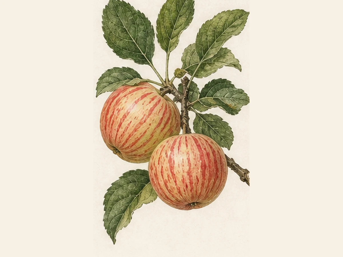 Ilustração editorial representativa de macieira para a ficha de Pêro Branco; não autentica o material, uma planta, fruto, clone ou lote