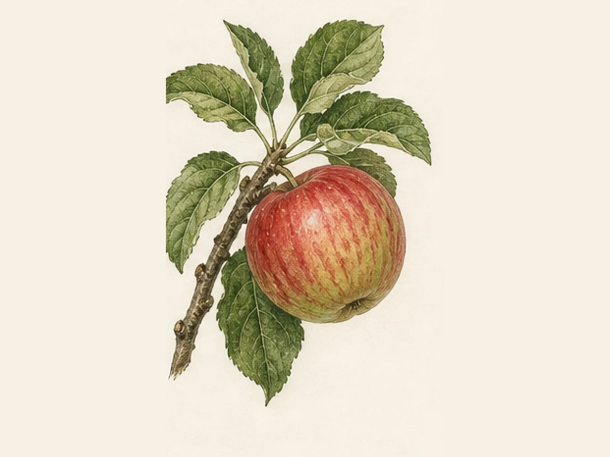 Ilustração editorial representativa de macieira para a ficha de Pêro Calhau; não autentica o material, uma planta, fruto, clone ou lote