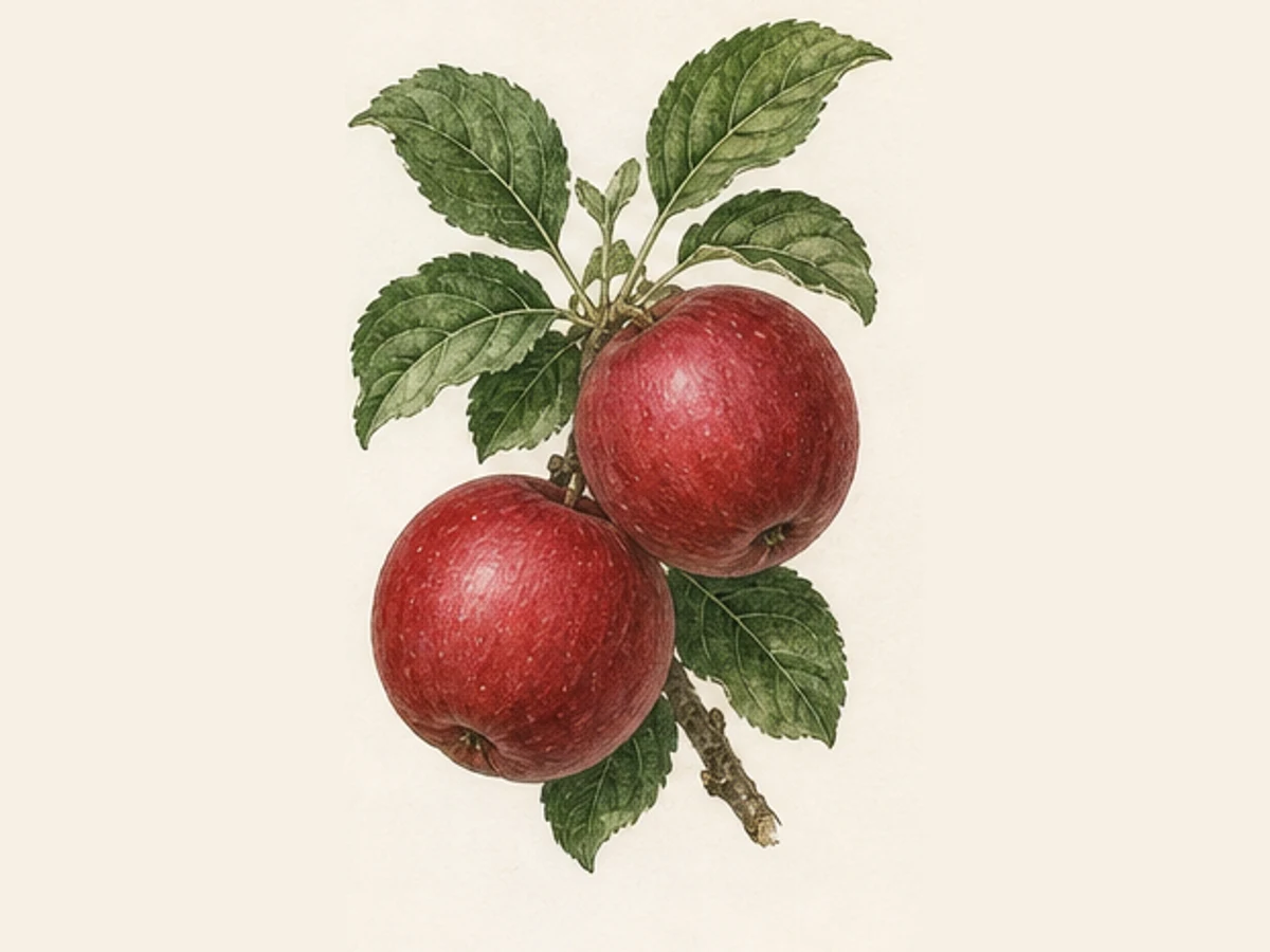 Ilustração editorial representativa de macieira para a ficha de Pêro Camões; não autentica o material, uma planta, fruto, clone ou lote
