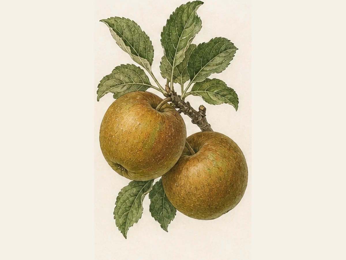 Ilustração editorial representativa de macieira para a ficha de Pêro Coimbra; não autentica o material, uma planta, fruto, clone ou lote