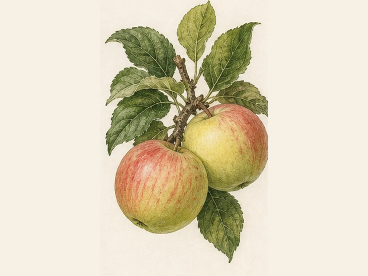 Ilustração editorial representativa de macieira para a ficha de Pêro da Festa; não autentica o material, uma planta, fruto, clone ou lote