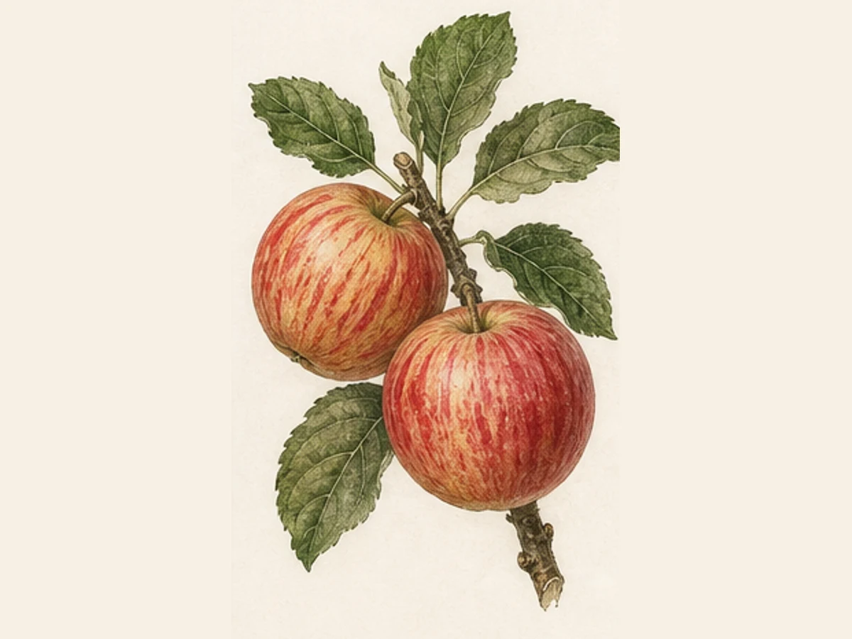 Ilustração editorial representativa de macieira para a ficha de Pêro da Malveira; não autentica o material, uma planta, fruto, clone ou lote