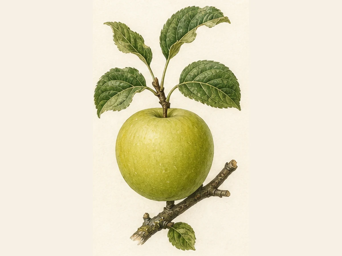 Ilustração editorial representativa de macieira para a ficha de Pêro da Sertã; não autentica o material, uma planta, fruto, clone ou lote