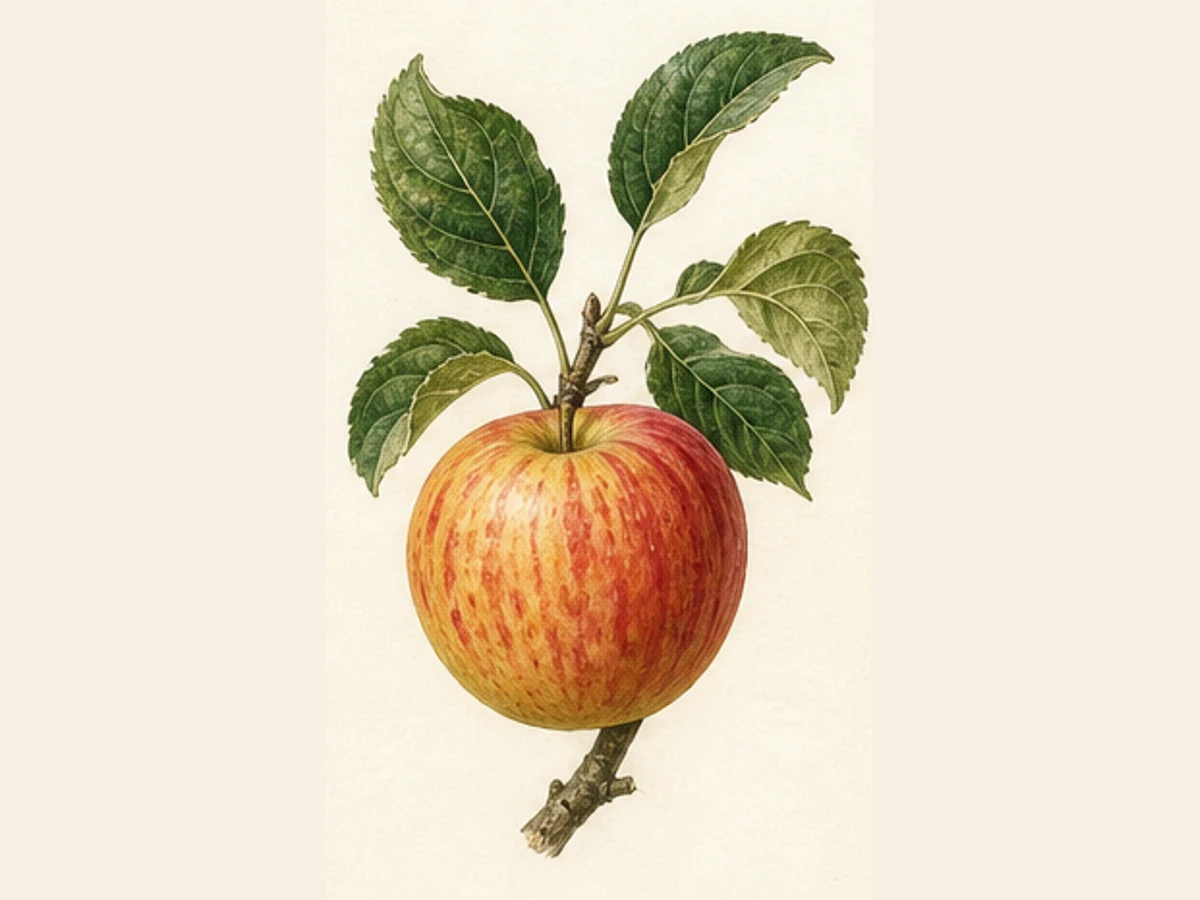 Ilustração editorial representativa de macieira para a ficha de Pero de Borbela; não autentica o material, uma planta, fruto, clone ou lote