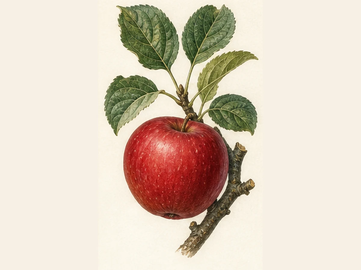 Ilustração editorial representativa de macieira para a ficha de Pêro Domingos; não autentica o material, uma planta, fruto, clone ou lote