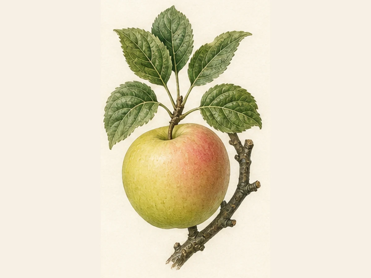 Ilustração editorial representativa de macieira para a ficha de Pêro Inglês; não autentica o material, uma planta, fruto, clone ou lote