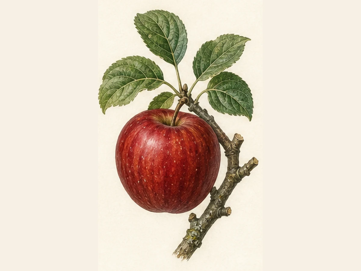 Ilustração editorial representativa de macieira para a ficha de Pero Limão; não autentica o material, uma planta, fruto, clone ou lote