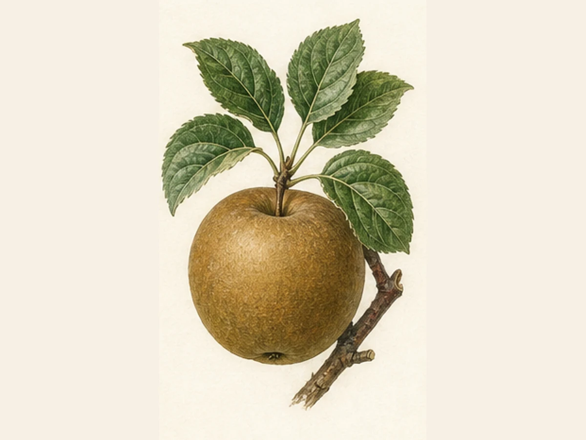 Ilustração editorial representativa de macieira para a ficha de Pêro Malápio Pé Torto; não autentica o material, uma planta, fruto, clone ou lote