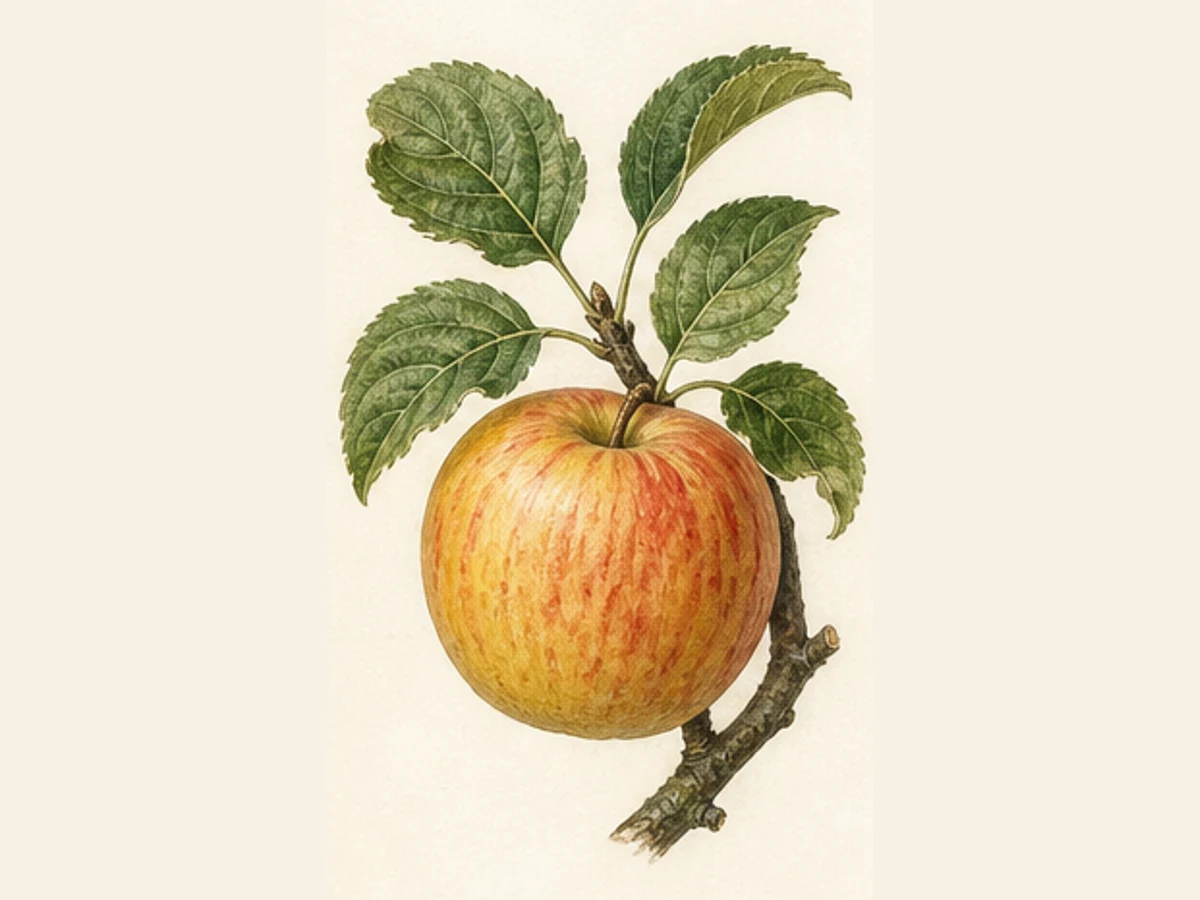 Ilustração editorial representativa de macieira para a ficha de Pêro Melão; não autentica o material, uma planta, fruto, clone ou lote