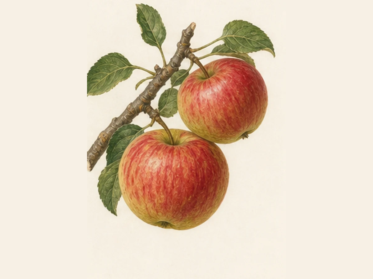 Ilustração editorial representativa de macieira para a ficha de Pêro Pam; não autentica o material, uma planta, fruto, clone ou lote