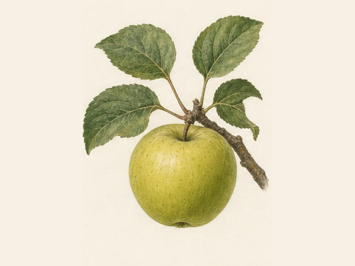 Ilustração editorial representativa de macieira para a ficha de Pêro Pau; não autentica o material, uma planta, fruto, clone ou lote
