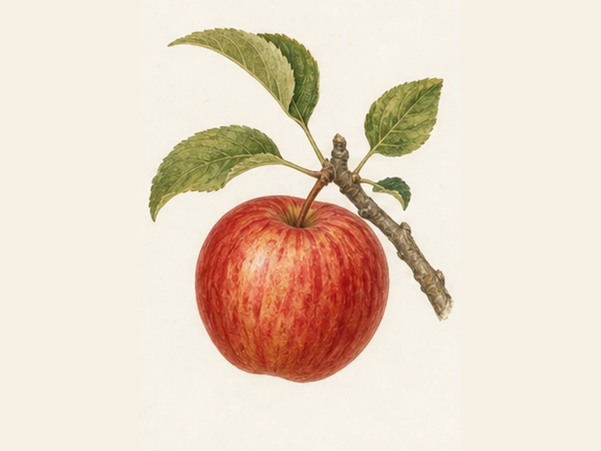 Ilustração editorial representativa de macieira para a ficha de Pêro Pipo; não autentica o material, uma planta, fruto, clone ou lote