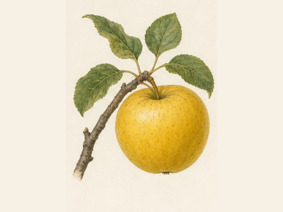 Ilustração editorial representativa de macieira para a ficha de Pêro Rei; não autentica o material, uma planta, fruto, clone ou lote
