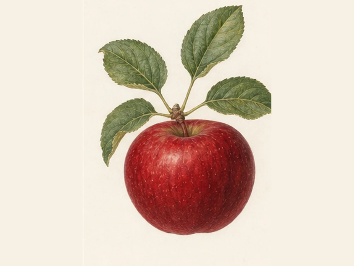 Ilustração editorial representativa de macieira para a ficha de Pêro Sousa; não autentica o material, uma planta, fruto, clone ou lote
