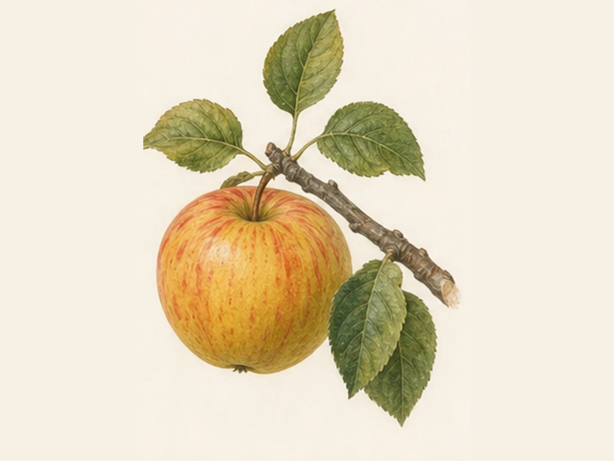 Ilustração editorial representativa de macieira para a ficha de Pêro Vermelho; não autentica o material, uma planta, fruto, clone ou lote
