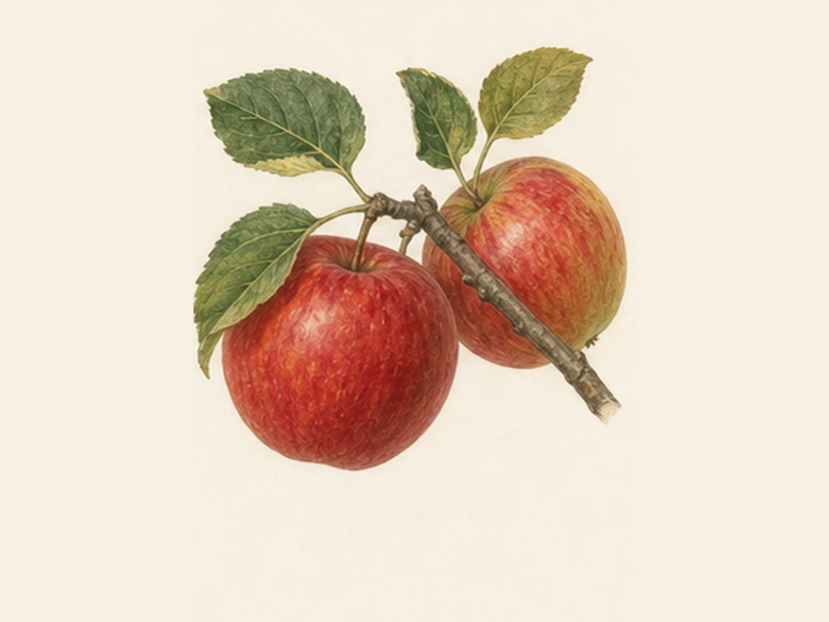 Ilustração editorial representativa de macieira para a ficha de Pêro Vime; não autentica o material, uma planta, fruto, clone ou lote