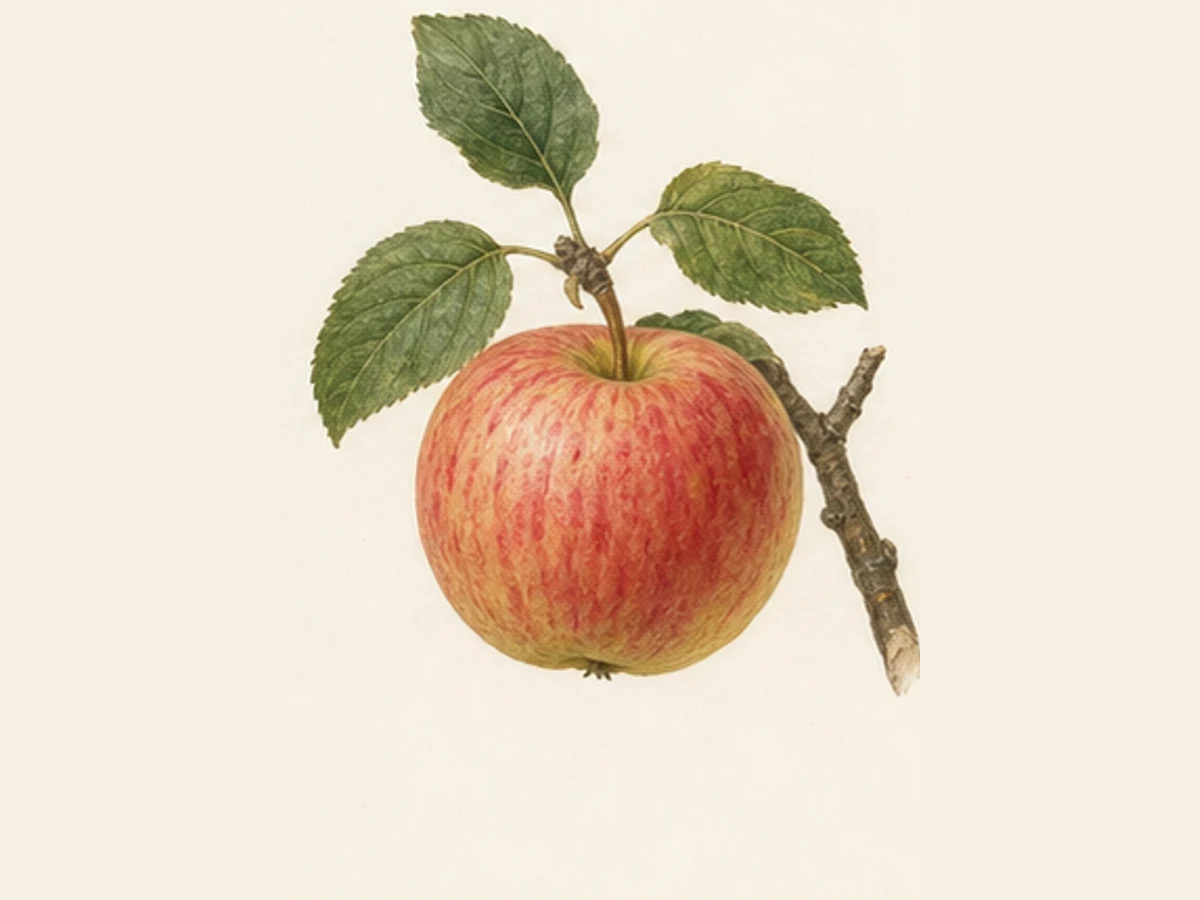 Ilustração editorial representativa de macieira para a ficha de Pêro Viúva Alegre; não autentica o material, uma planta, fruto, clone ou lote