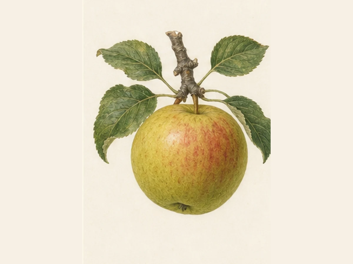 Ilustração editorial representativa de macieira para a ficha de Pipa; não autentica o material, uma planta, fruto, clone ou lote