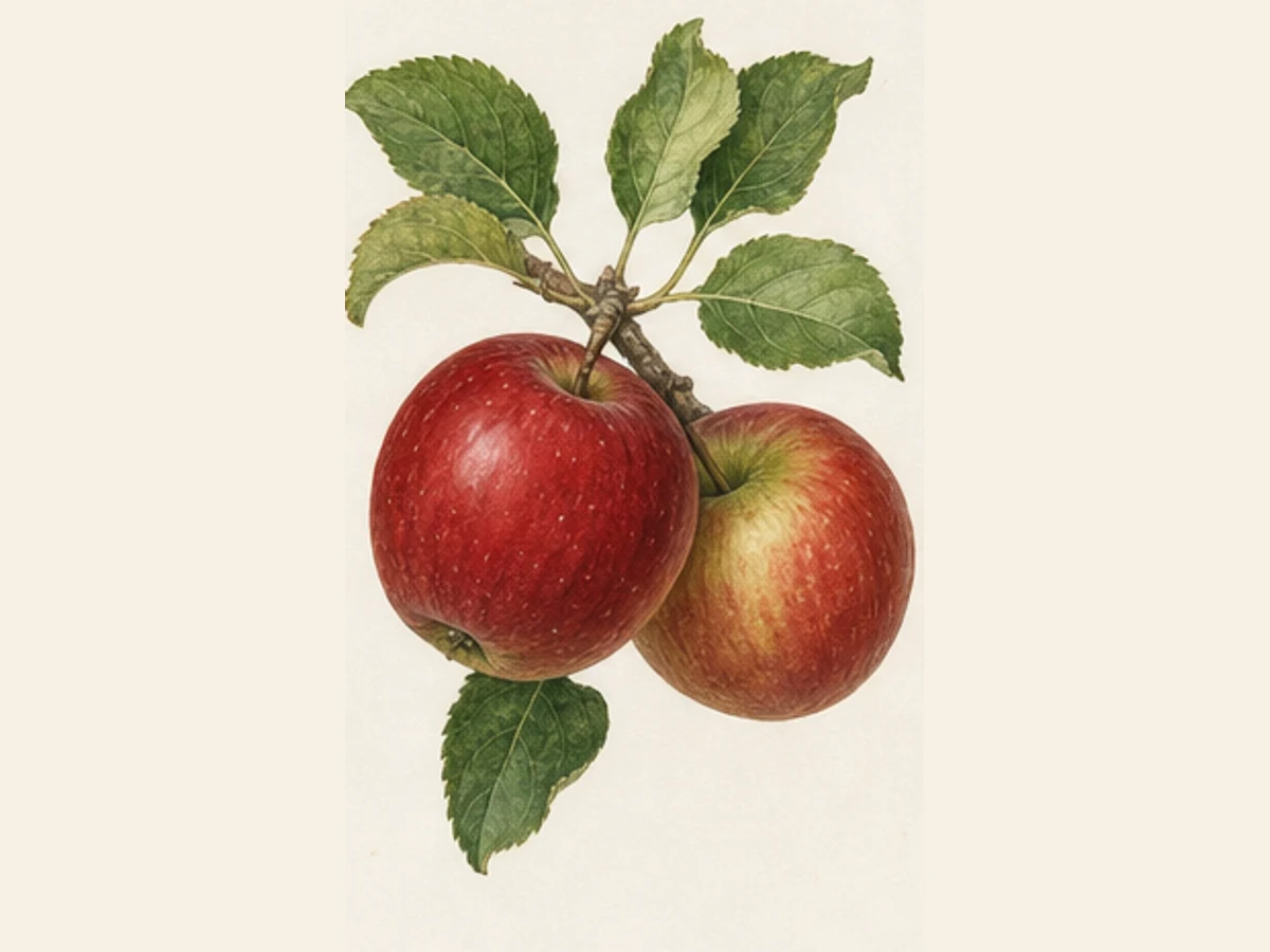 Ilustração editorial representativa de macieira para a ficha de Piparote; não autentica o material, uma planta, fruto, clone ou lote
