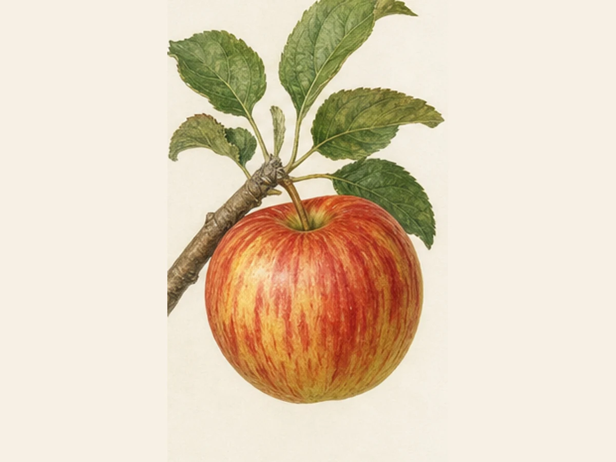 Ilustração editorial representativa de macieira para a ficha de Polinizadora da Golden; não autentica o material, uma planta, fruto, clone ou lote