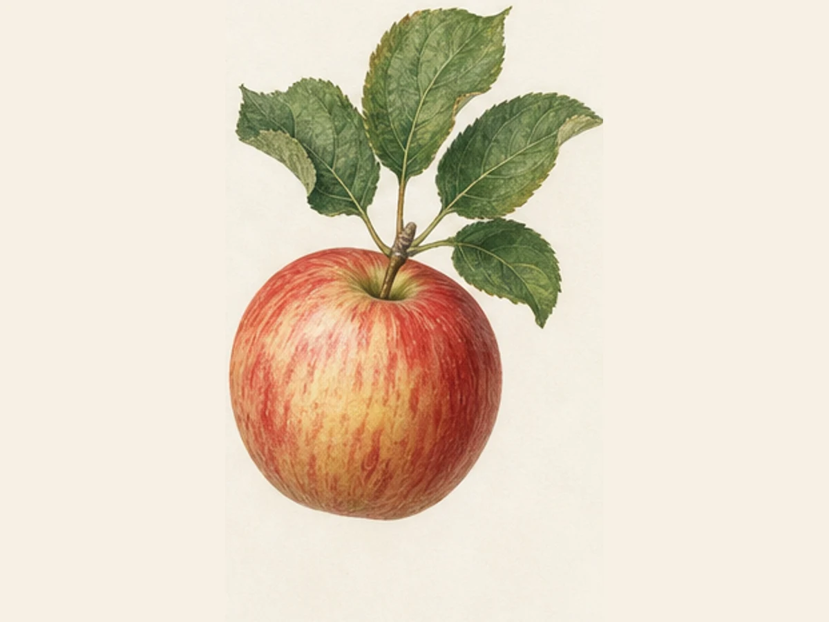 Ilustração editorial representativa de macieira para a ficha de Rabugil; não autentica o material, uma planta, fruto, clone ou lote
