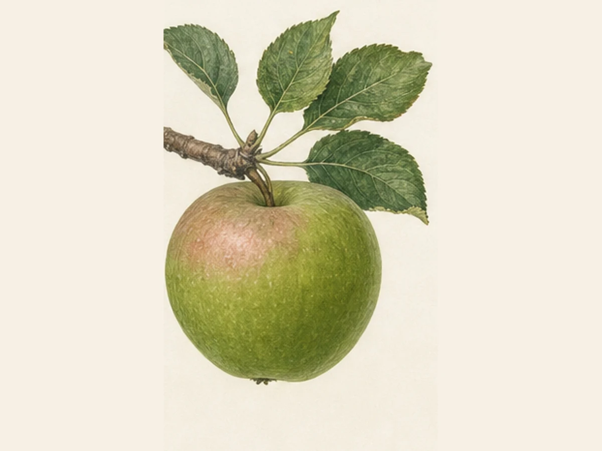 Ilustração editorial representativa de macieira para a ficha de Rainha; não autentica o material, uma planta, fruto, clone ou lote