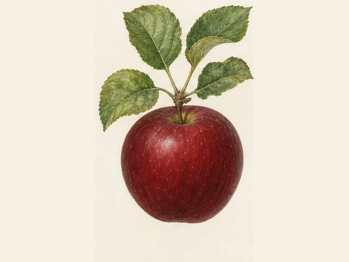 Ilustração editorial representativa de macieira para a ficha de Repinau; não autentica o material, uma planta, fruto, clone ou lote