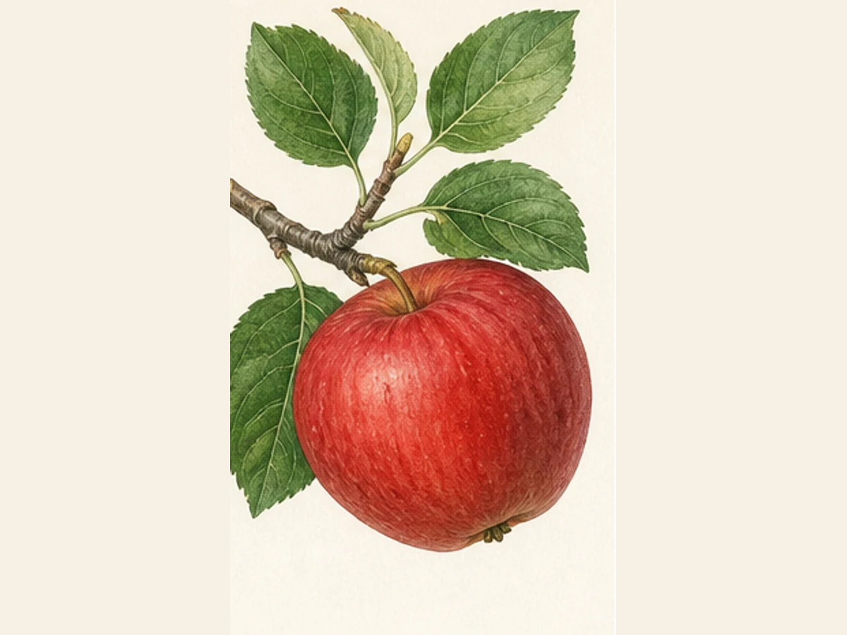 Ilustração editorial representativa de macieira para a ficha de Santiago Vermelho; não autentica o material, uma planta, fruto, clone ou lote