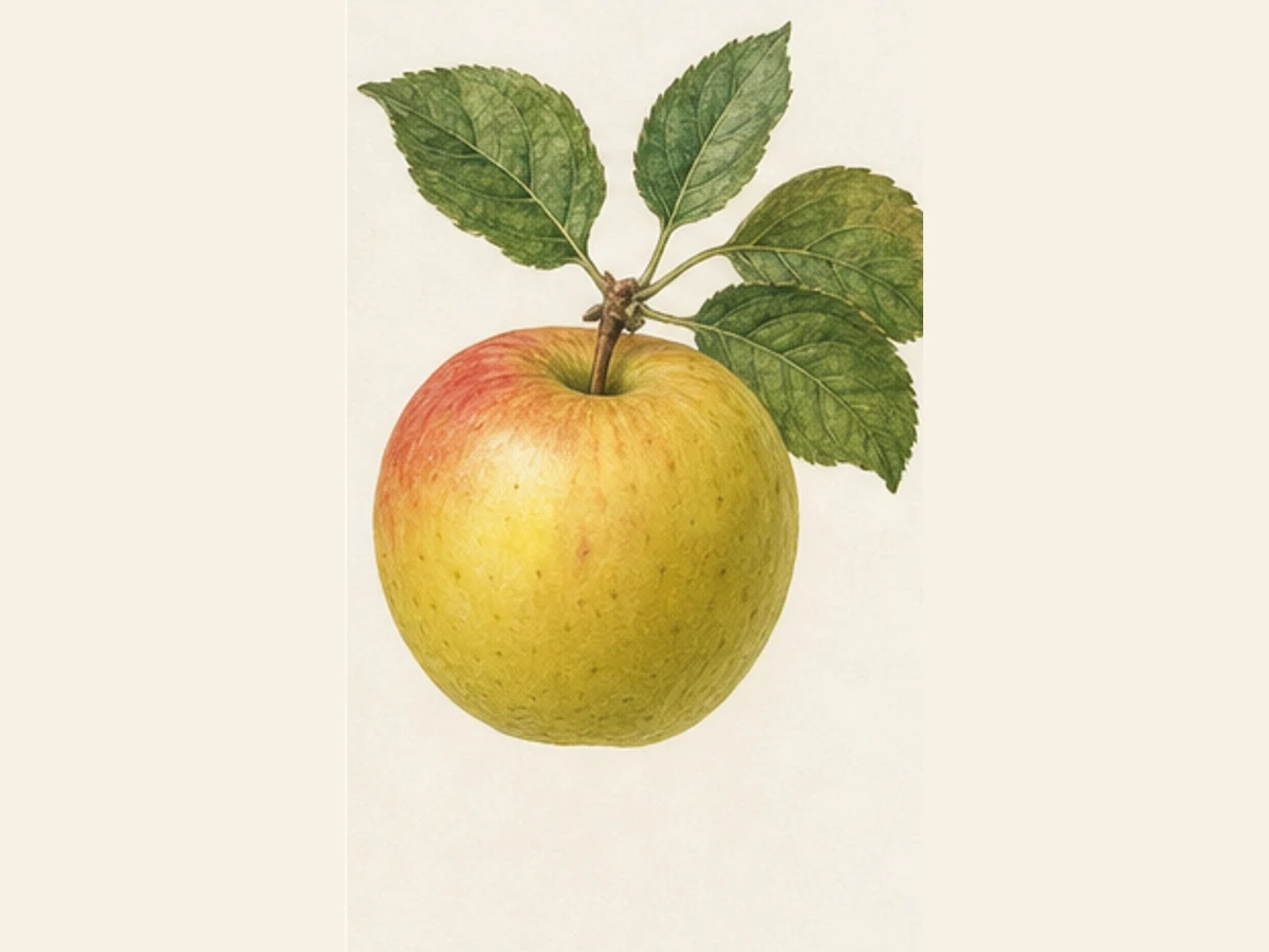 Ilustração editorial representativa de macieira para a ficha de Santiago; não autentica o material, uma planta, fruto, clone ou lote