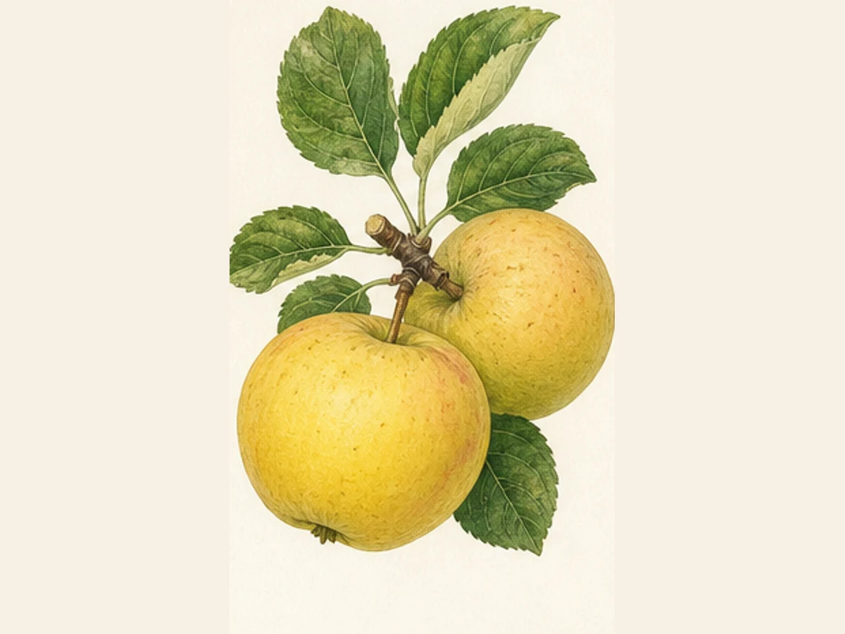 Ilustração editorial representativa de macieira para a ficha de Três ao Prato (achatada); não autentica o material, uma planta, fruto, clone ou lote