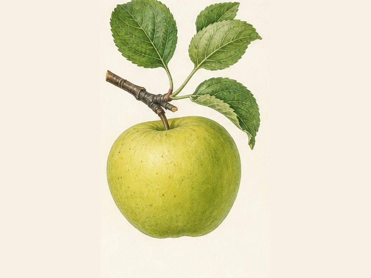 Ilustração editorial representativa de macieira para a ficha de Três ao Prato; não autentica o material, uma planta, fruto, clone ou lote