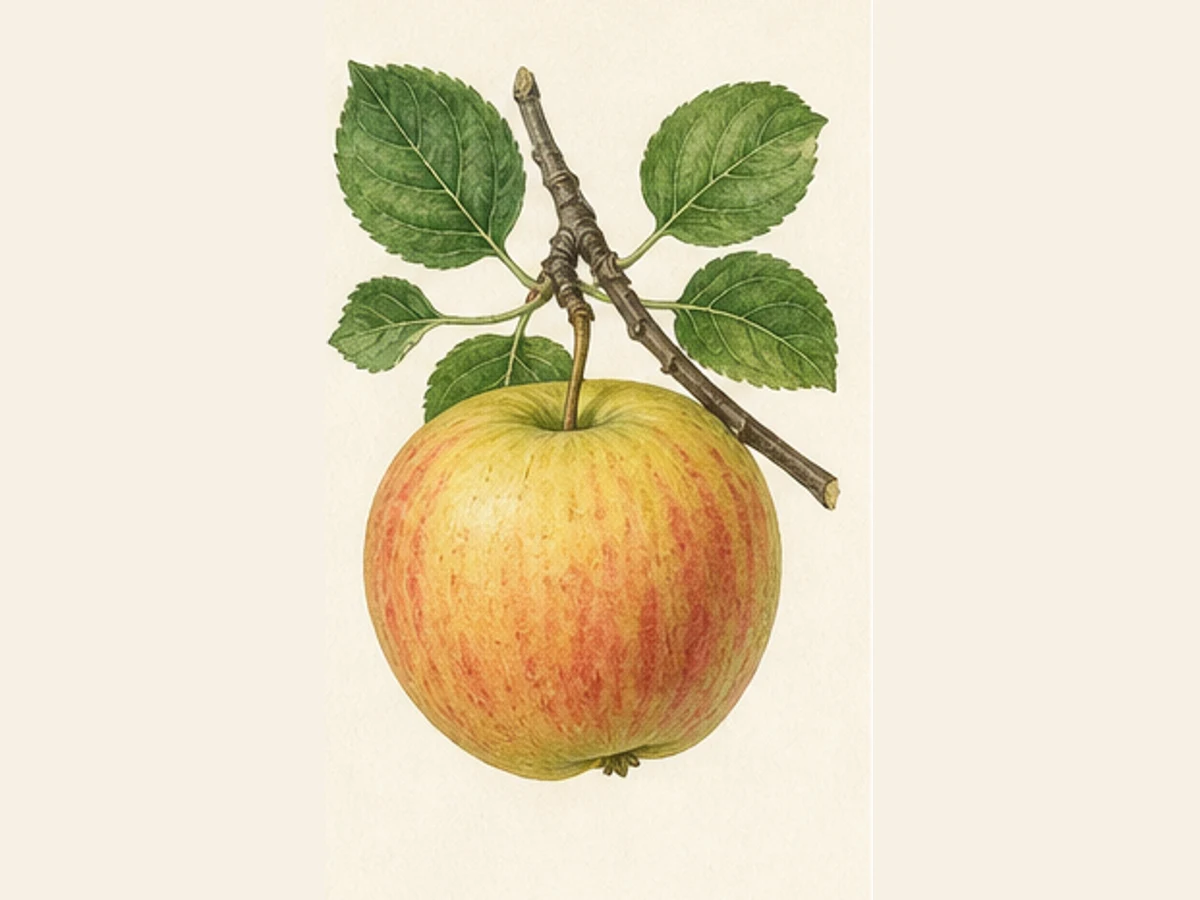 Ilustração editorial representativa de macieira para a ficha de Verde de Inverno; não autentica o material, uma planta, fruto, clone ou lote
