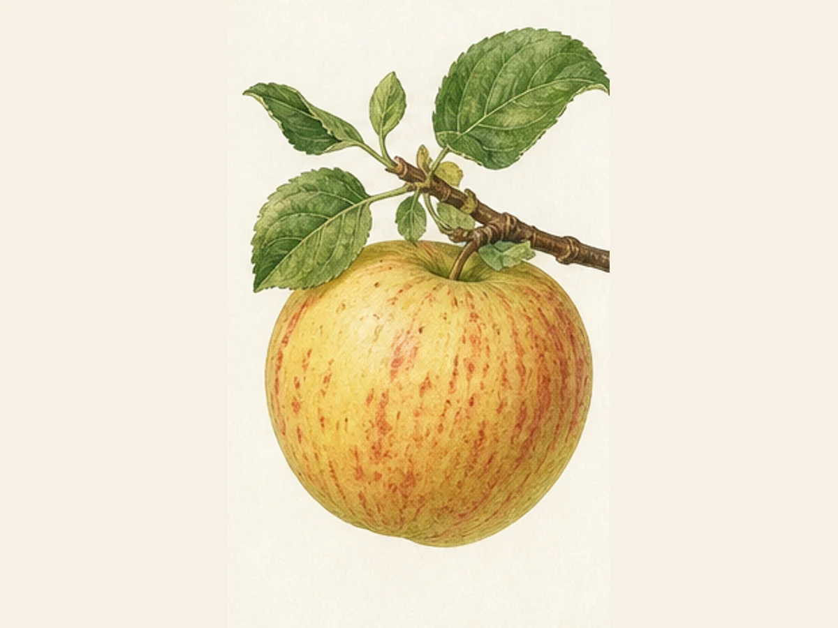 Ilustração editorial representativa de macieira para a ficha de Verdeal Rosa; não autentica o material, uma planta, fruto, clone ou lote