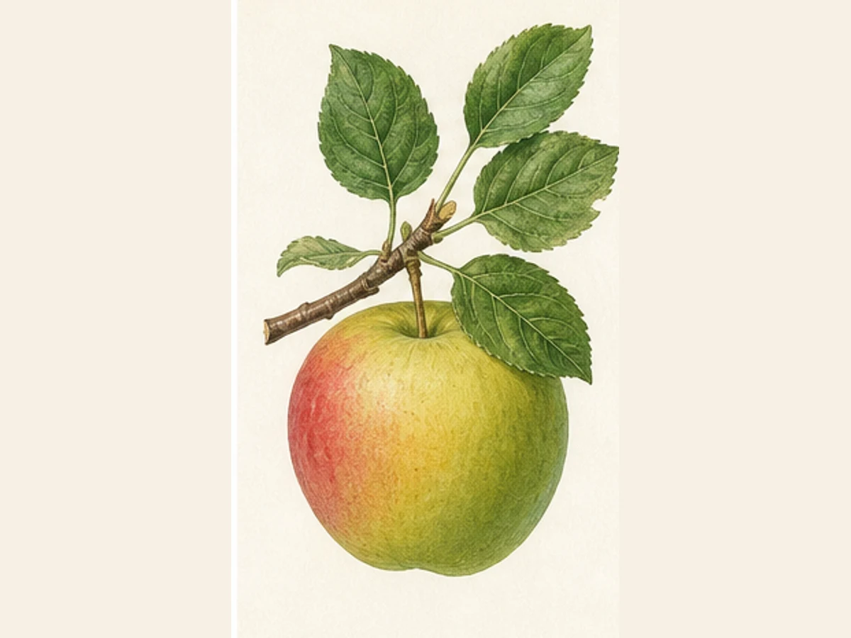 Ilustração editorial representativa de macieira para a ficha de Verdinha; não autentica o material, uma planta, fruto, clone ou lote