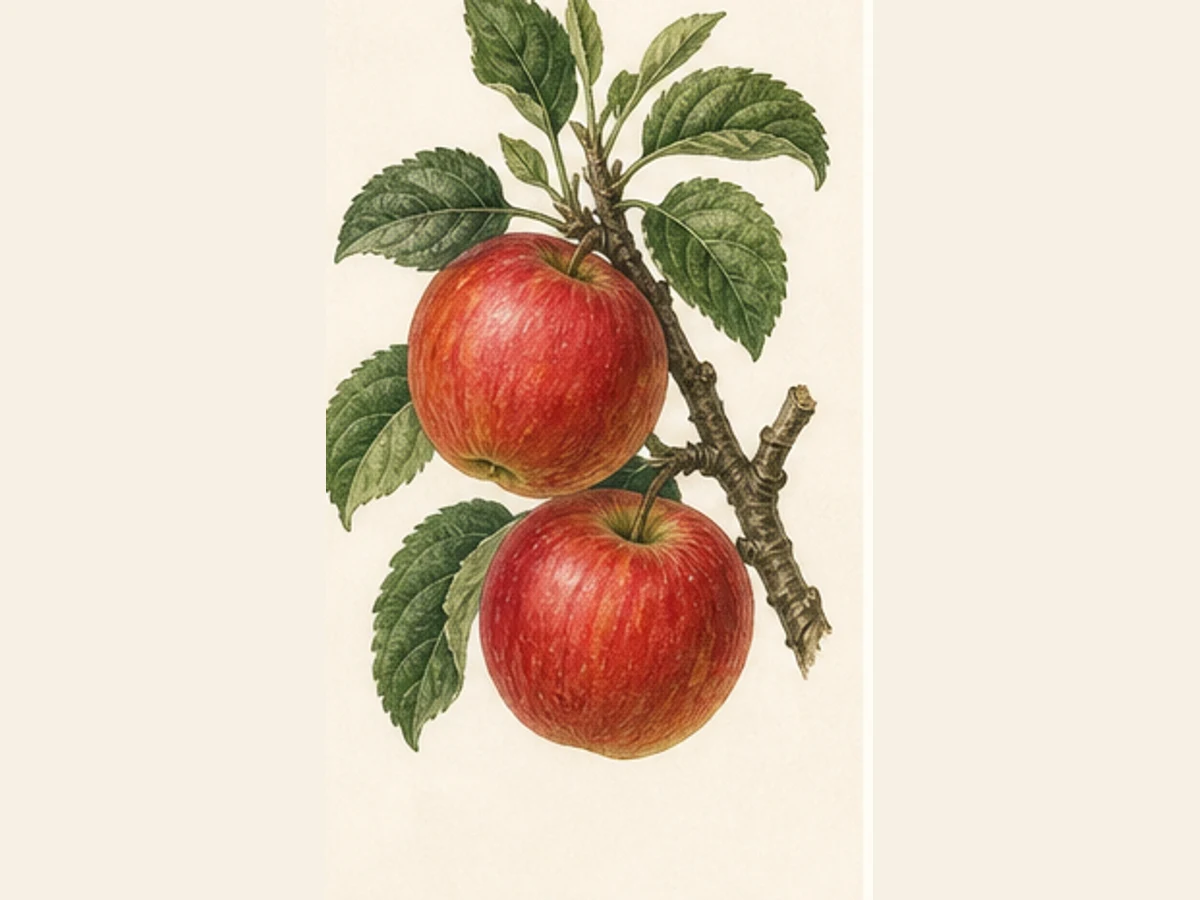 Ilustração editorial representativa de macieira para a ficha de Vermelha de Melgaço; não autentica o material, uma planta, fruto, clone ou lote