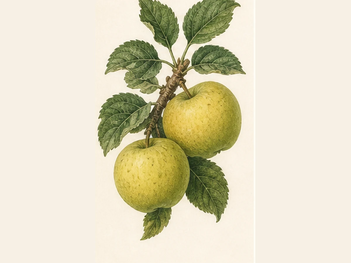 Ilustração editorial representativa de macieira para a ficha de Vermelha PN; não autentica o material, uma planta, fruto, clone ou lote