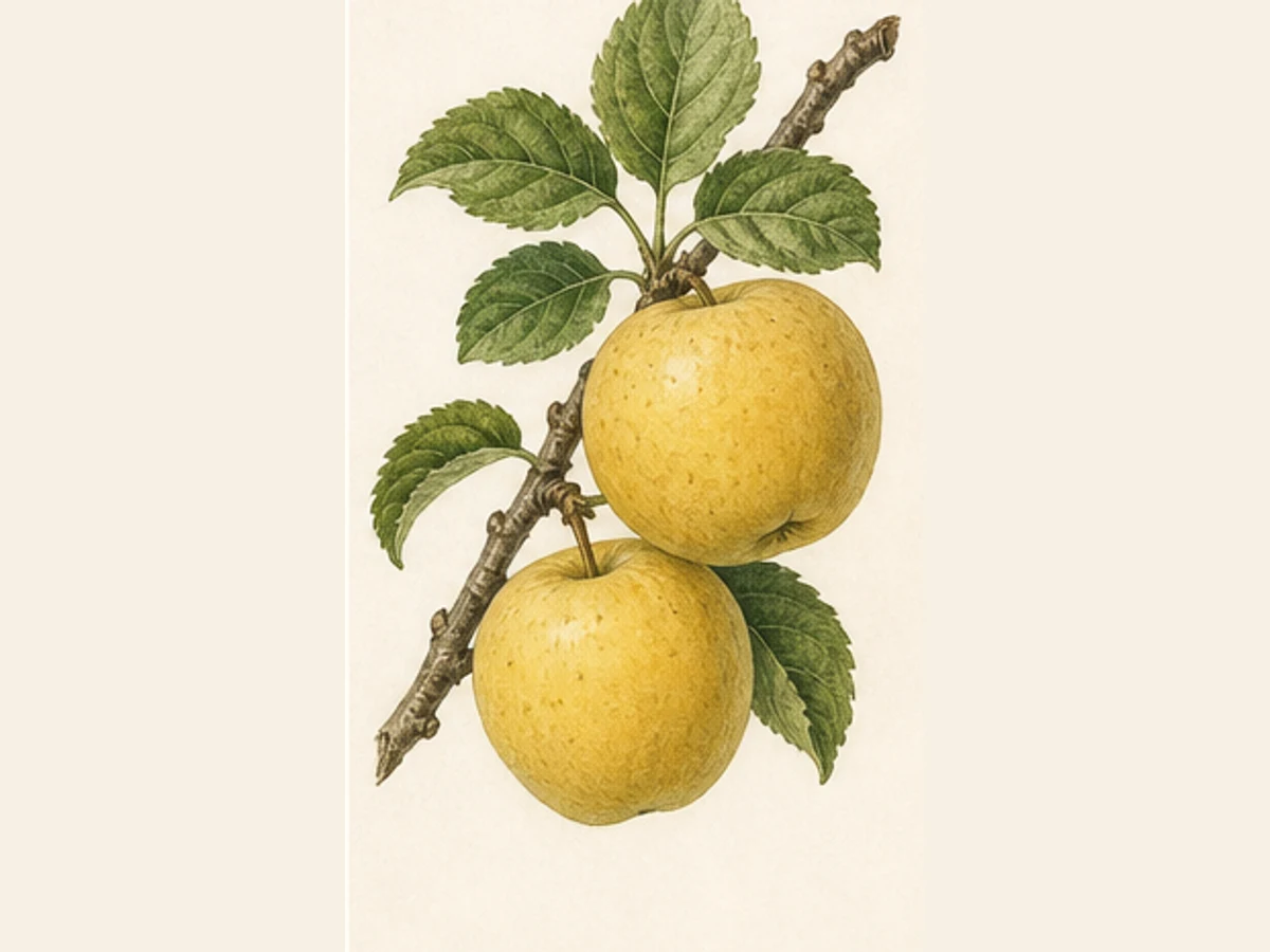 Ilustração editorial representativa de macieira para a ficha de Zé Pereira; não autentica o material, uma planta, fruto, clone ou lote