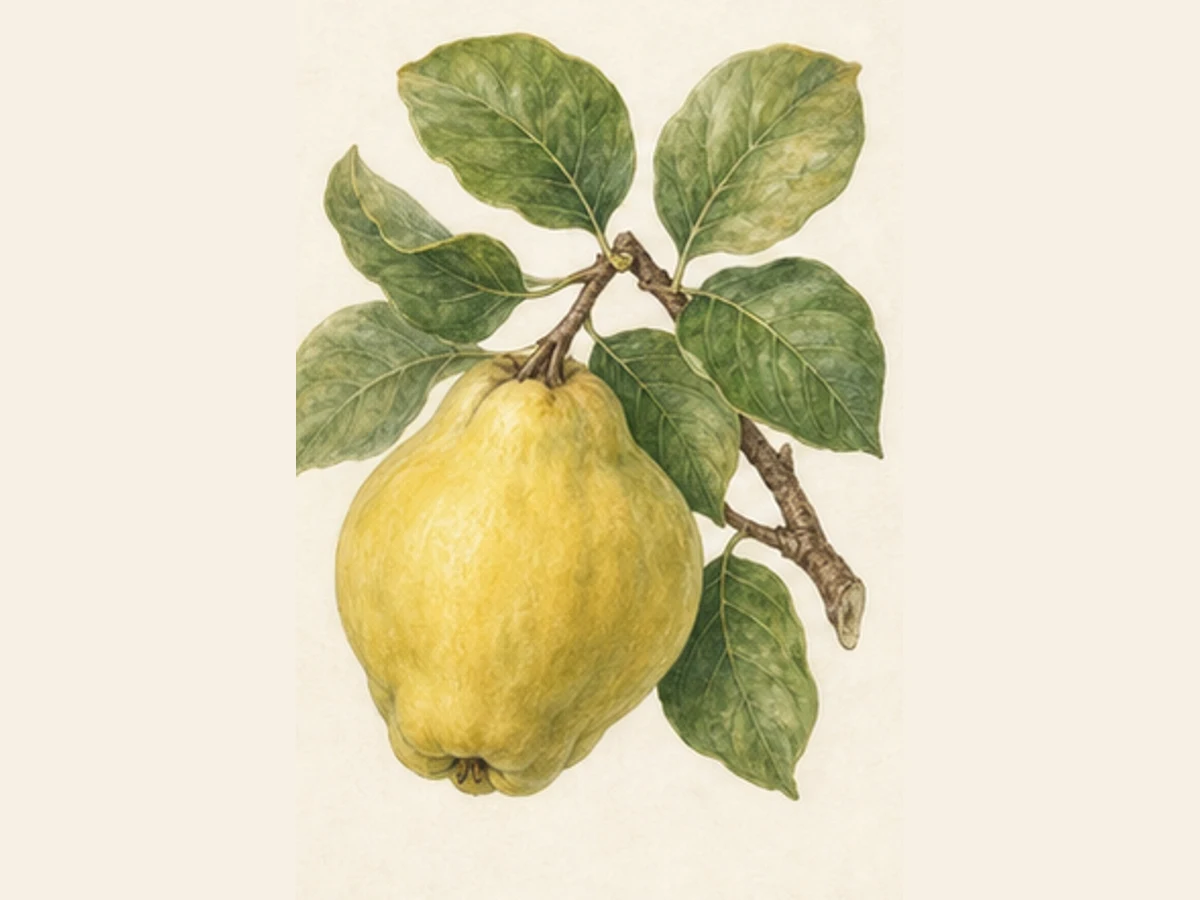 Ilustração editorial representativa de marmeleiro para a ficha de De Portugal; não autentica o material, uma planta, fruto, clone ou lote