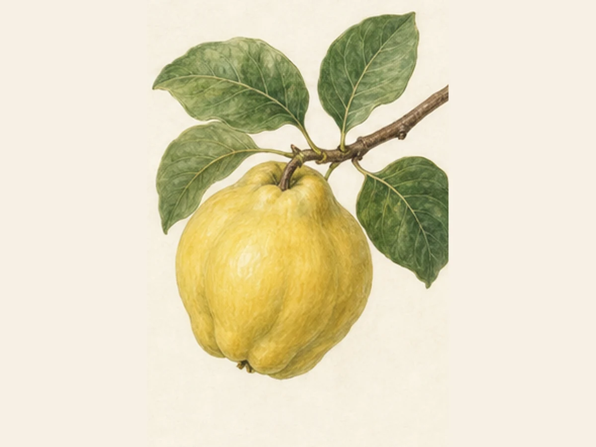 Ilustração editorial representativa de marmeleiro para a ficha de Gamboa; não autentica o material, uma planta, fruto, clone ou lote