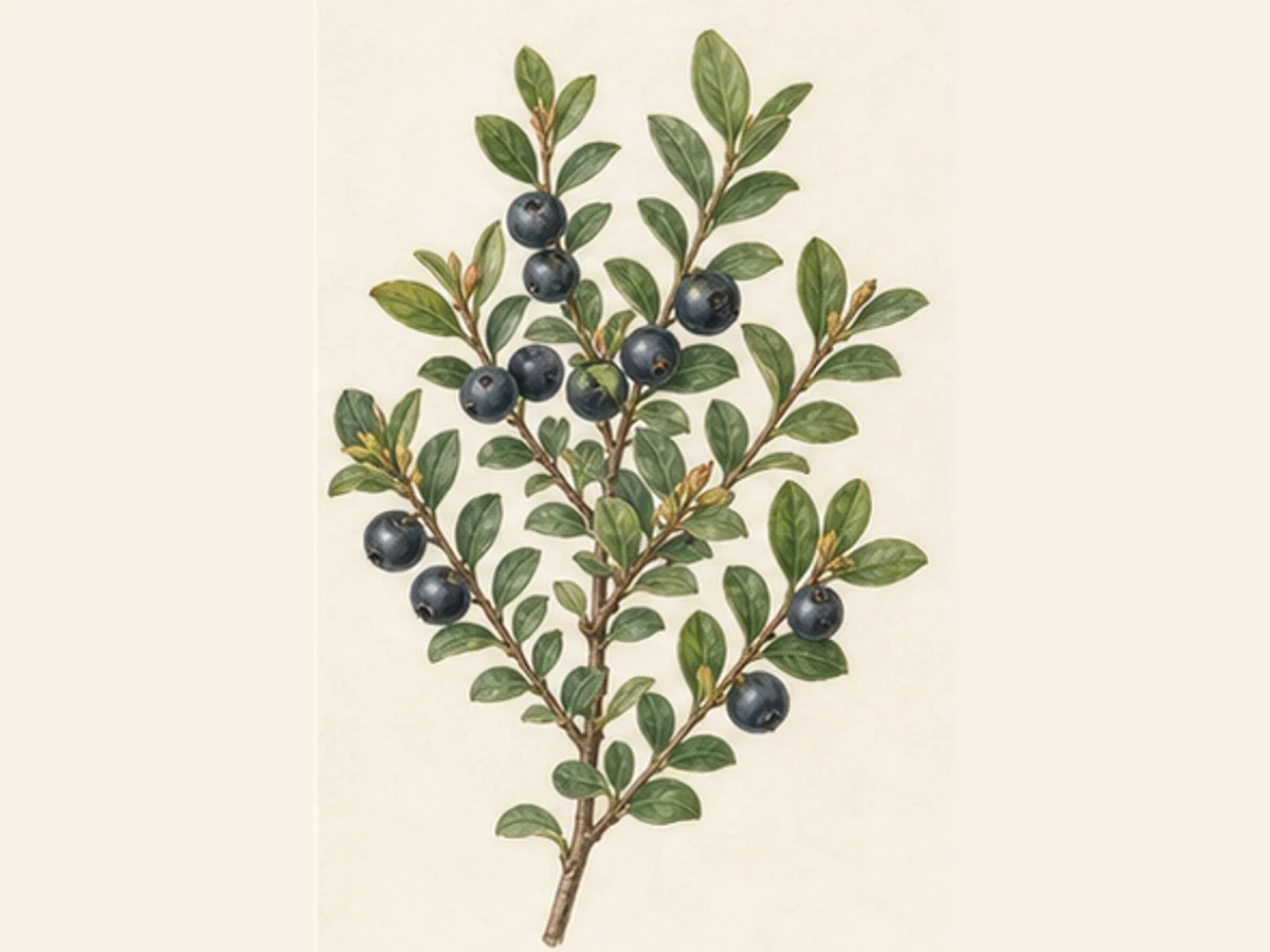 Ilustração editorial representativa de mirtilo da madeira para a ficha de Uveira da Serra; não autentica o material, uma planta, fruto, clone ou lote