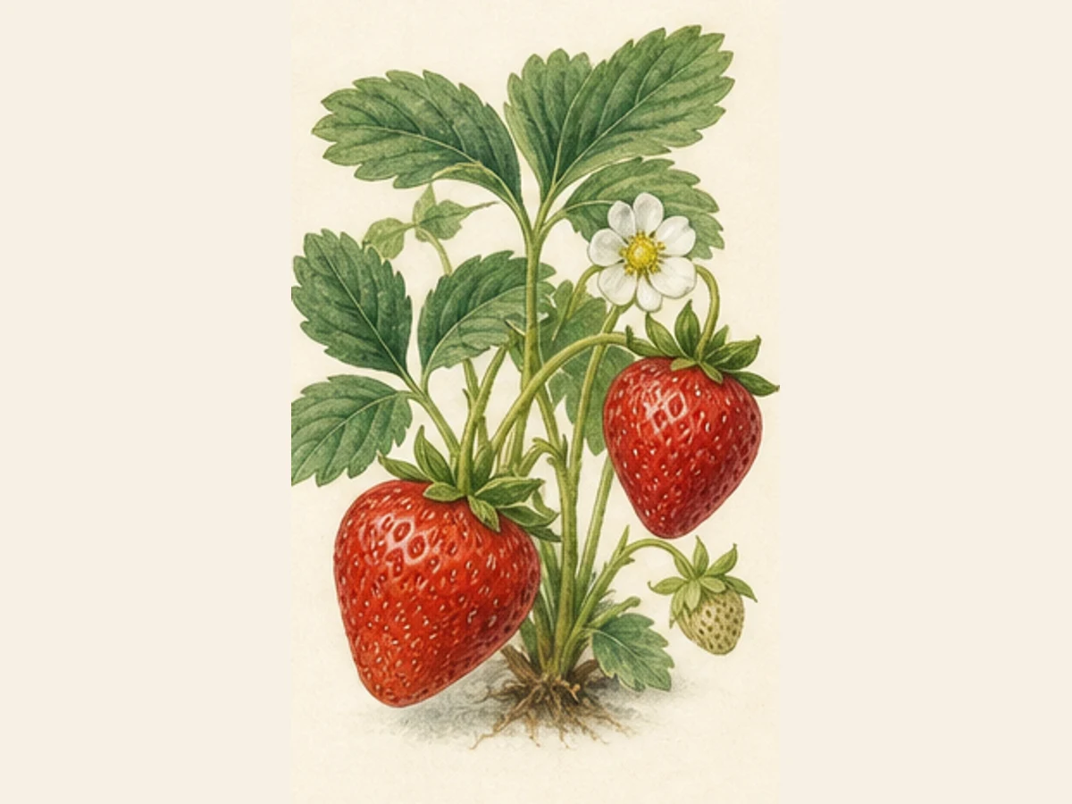Ilustração editorial representativa de morangueiro para a ficha de UCD MOXIE; não autentica o material, uma planta, fruto, clone ou lote