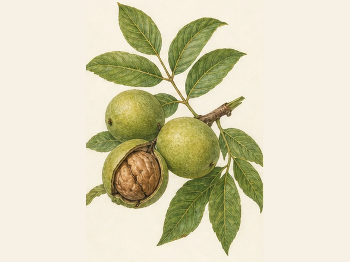 Ilustração editorial representativa de nogueira para a ficha de Rego; não autentica o material, uma planta, fruto, clone ou lote