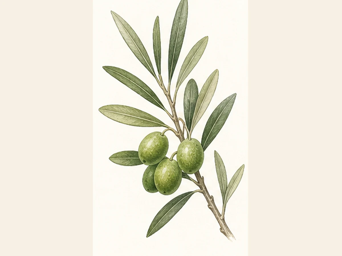 Ilustração editorial representativa de oliveira para a ficha de Carrasquinha; não autentica o material, uma planta, fruto, clone ou lote