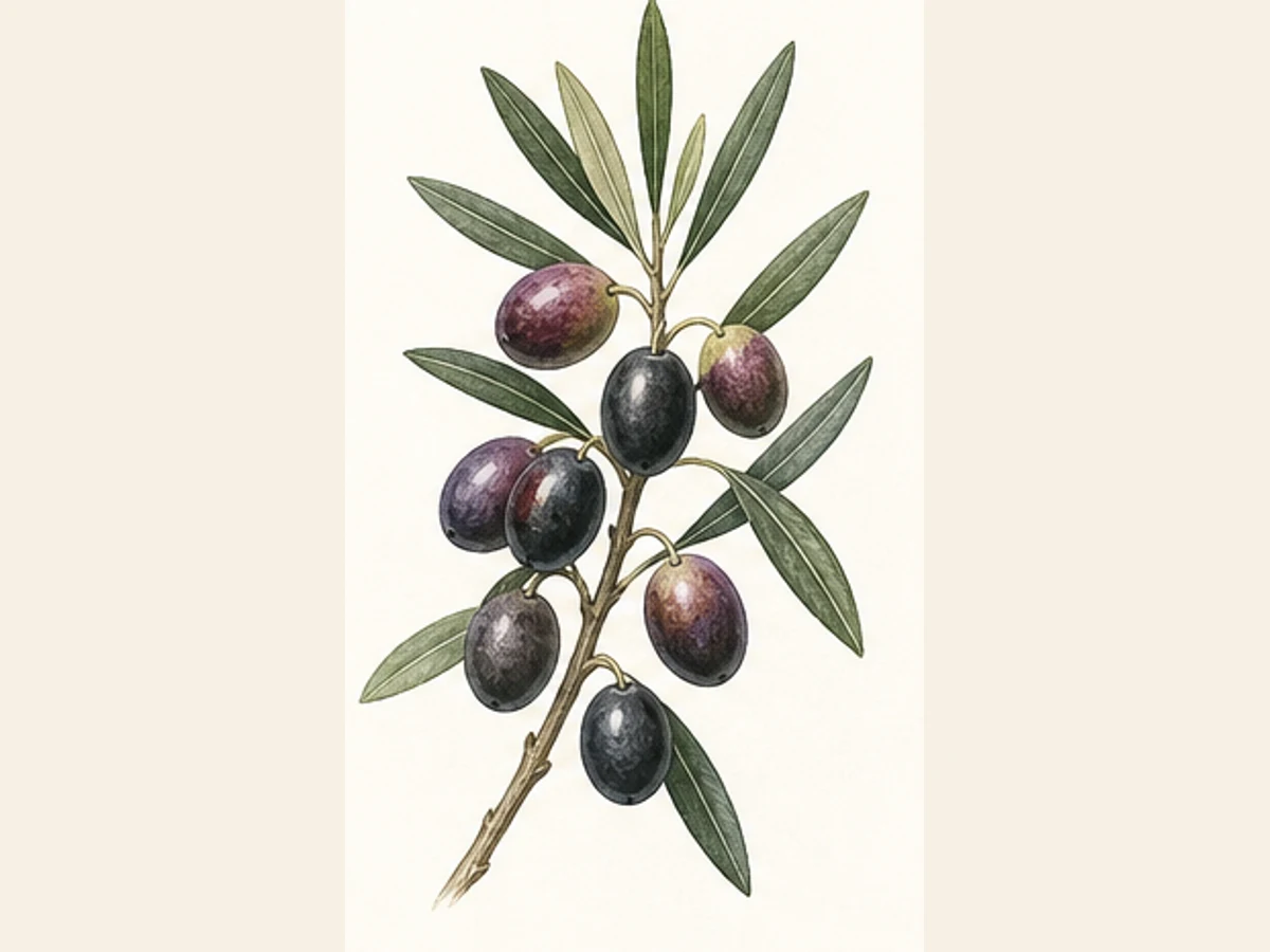 Ilustração editorial representativa de oliveira para a ficha de Cérola; não autentica o material, uma planta, fruto, clone ou lote